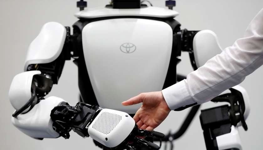 An employee of Toyota Motor Corp. demonstrates T-HR3 humanoid robot