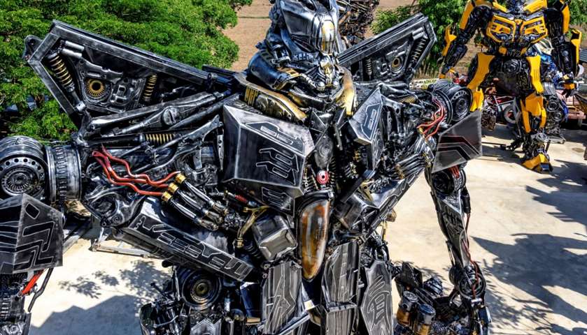 Life-sized sculptures of characters from the \"Transformers\" film franchise