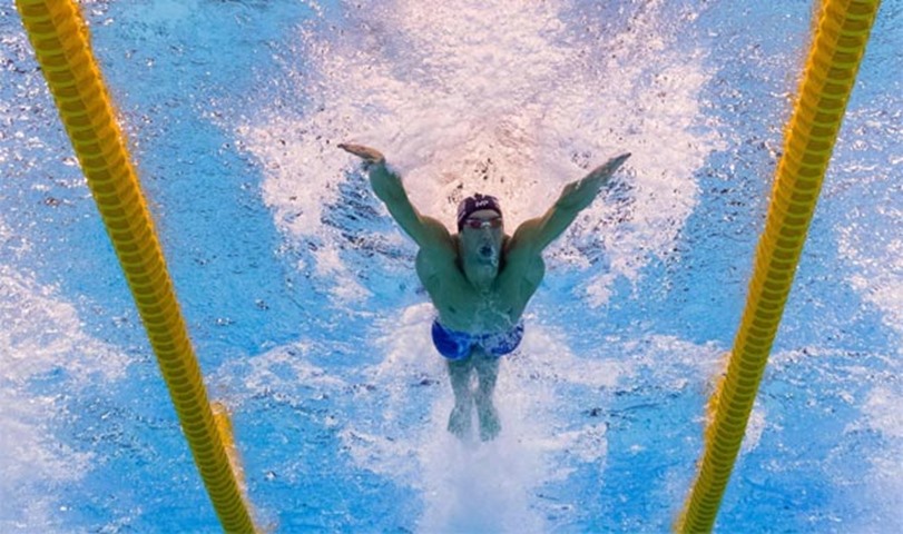 Underwater view shows Michael Phelps taking part in the men\'s 100m butterfly semifinal