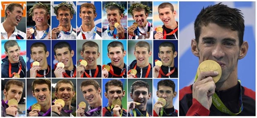 A combination picture shows Michael Phelps with the 22 gold medals he won at the Olympic Games