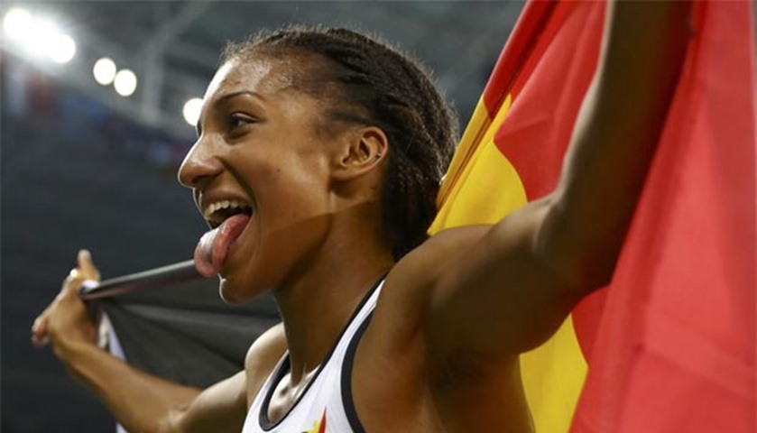 Nafissatou Thiam of Belgium reacts after winning the gold medal in the women\'s heptathlon 800m
