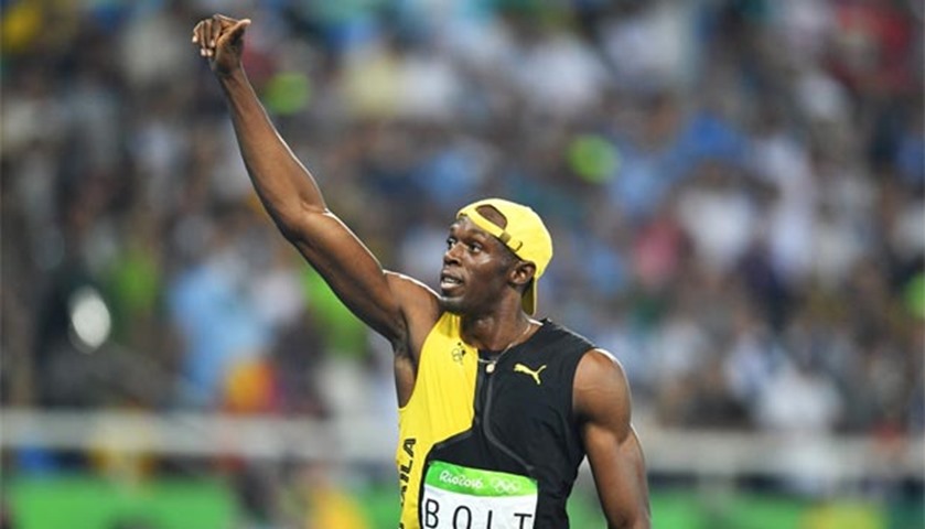 Usain Bolt celebrates his win in the men\'s 100m final at the Olympic Stadium in Rio de Janeiro