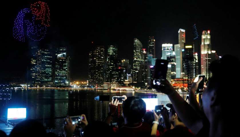 Drones form a Merlion, a tourism icon, during Singapore\'s 52nd National Day celebrations at Marina B