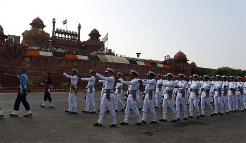 An Indian armed forces contingent marches past during the country\'s Independence Day celebrations