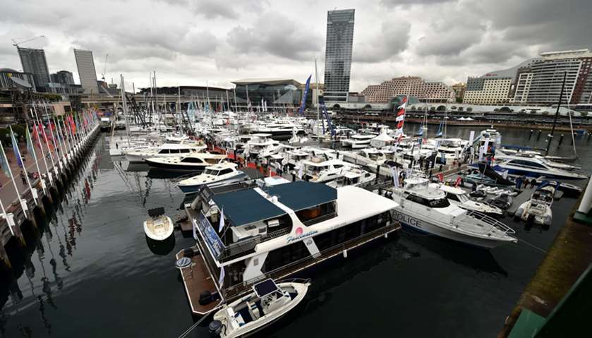 Boats are moored at the Sydney International Boat Show in Darling Harbour in Sydney
