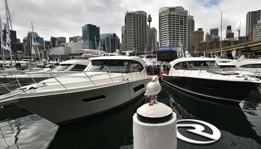 Boats are moored at the Sydney International Boat Show in Darling Harbour
