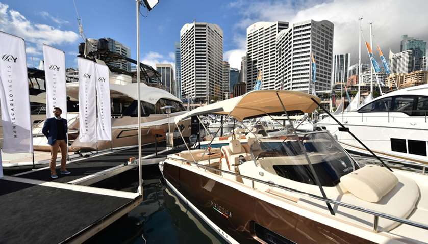 A boat is moored at the Sydney International Boat Show in Darling Harbour in Sydney