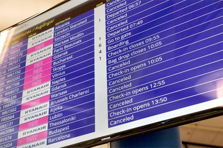 Cancelled Ryanair flights are seen on the announcement board at Skavsta airport in Nykoeping, Sweden