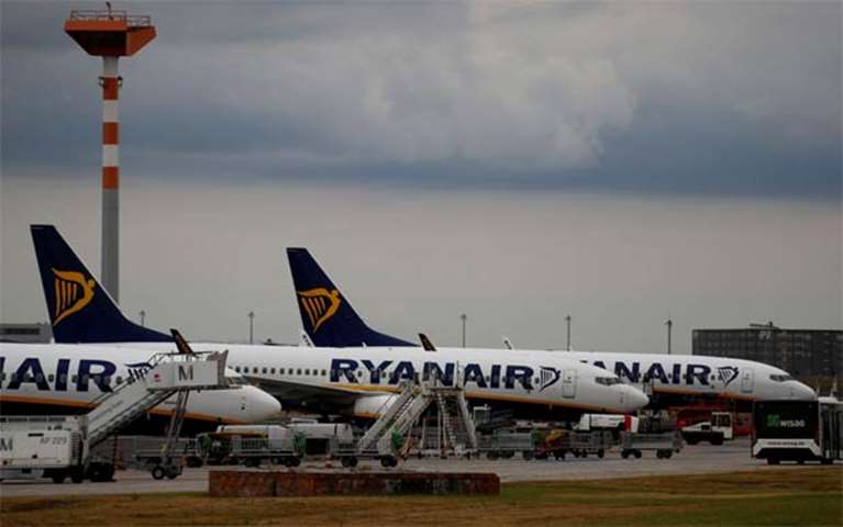 Ryanair aircraft are seen on the tarmac during a strike of airline crews, in Berlin on Friday