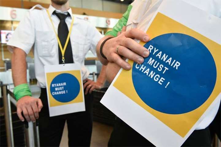 Belgium-based Ryanair pilots gather at Charleroi Airport in Gosselies, as they take part in a strike