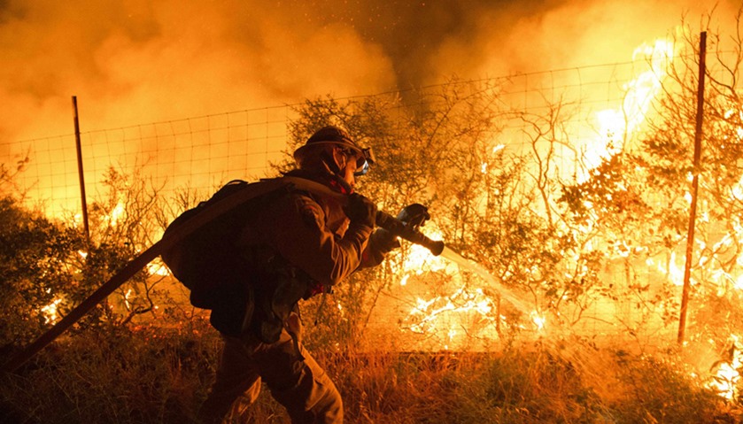 Firefighters attempt to control flames as they approach a vineyard in California\'s Santa Cruz