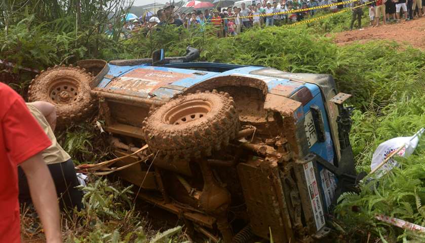 A vehicle that fell on its side while taking part in the Vietnam Offroad 2017 race on the outskirts 