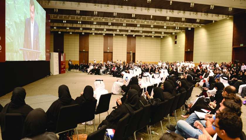 Audience watching live telecast of His Highness the Emir Sheikh Tamim bin Hamad al-Thani\'s speech