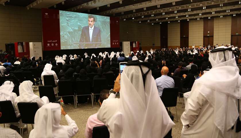 Audience watching live telecast of His Highness the Emir Sheikh Tamim bin Hamad al-Thani\'s speech