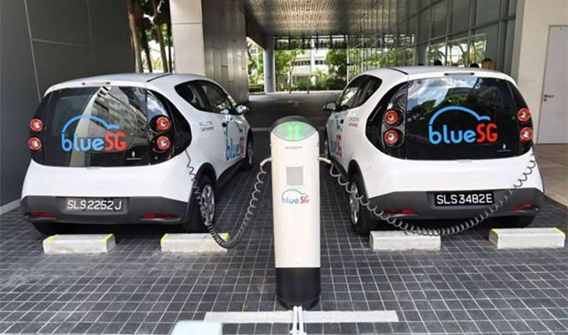 Electric Bluecars are being charged in Singapore