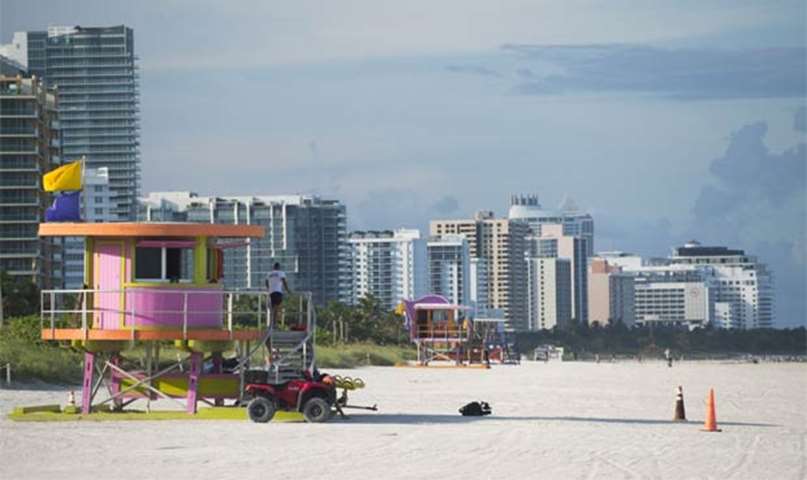 A nearly-deserted beach after residents and visitors were evacuated from Miami Beach, Florida
