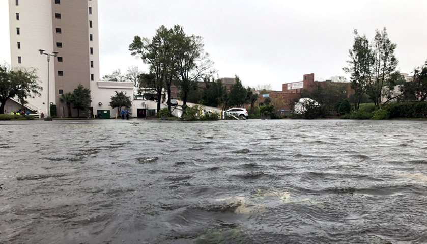 Rain water flooded streets are pictured as Hurricane Florence moves into the Carolinas