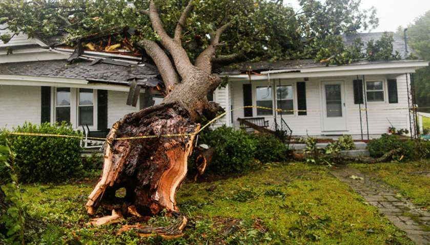 A downed tree rests on a house during the passing of Hurricane Florence