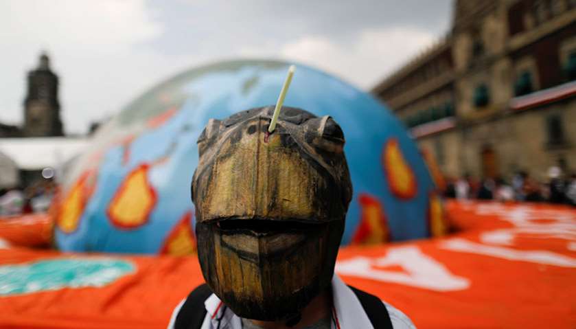 A person wearing a turtle mask takes part in a Global Climate Strike rally in Mexico City