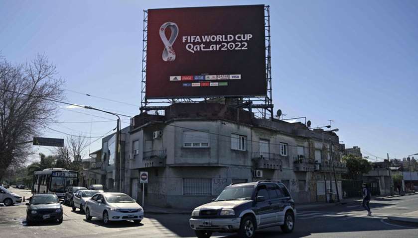 An electronic board displays the official emblem of the FIFA World Cup Qatar 2022 in Buenos Aires ou