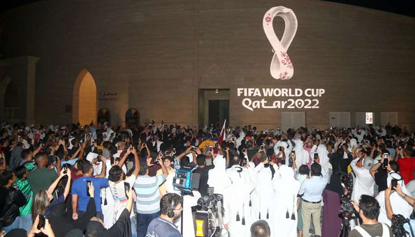 The tournament\'s official logo for the 2022 Qatar World Cup is seen at Katara in Doha