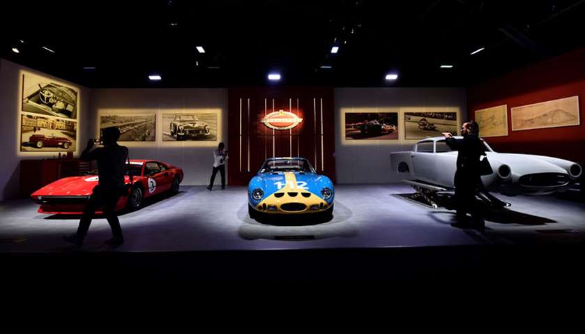 Cars are displayed during the \'Universo Ferrari\' exhibition, in Maranello, Italy