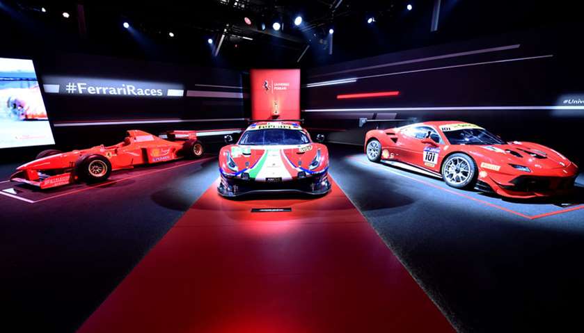 Cars are displayed during the \'Universo Ferrari\' exhibition, in Maranello, Italy