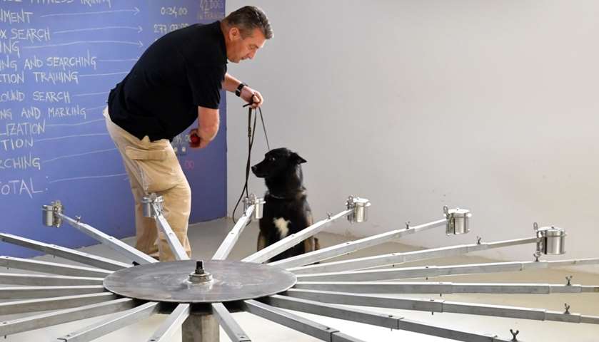 A dog trainer leads dog through a scent marking facility, at training facility near Sarajevo