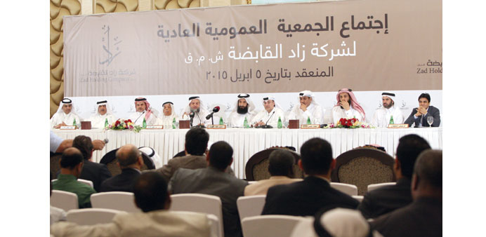 Zad Holding Company chairman Sheikh Nasser bin Mohamed bin Jabor al-Thani presides over the companyu2019s annual general meeting in Doha yesterday.
