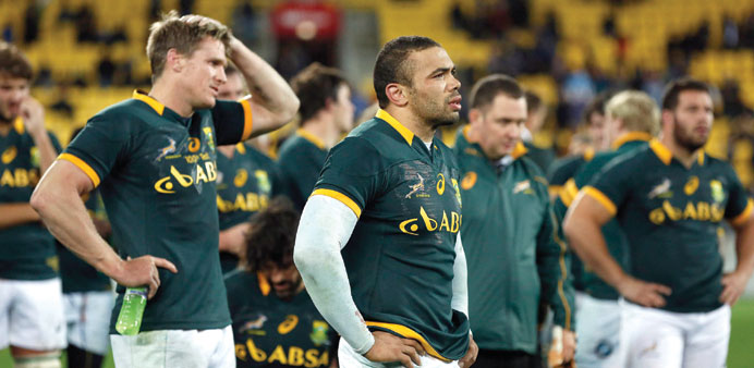 South Africau2019s Springboks Jean de Villiers (L) and Bryan Habana react after losing to New Zealandu2019s All Blacks in their Rugby Championship match in We