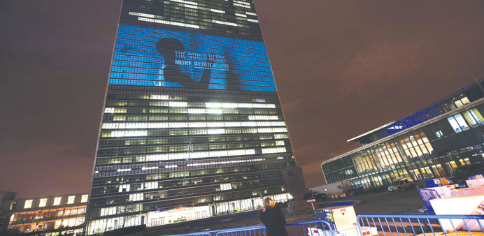 A video by French musician David Guetta is projected on to the UN headquarters on Friday night in support of u2018The World Needs Moreu2019 campaign in New Yo