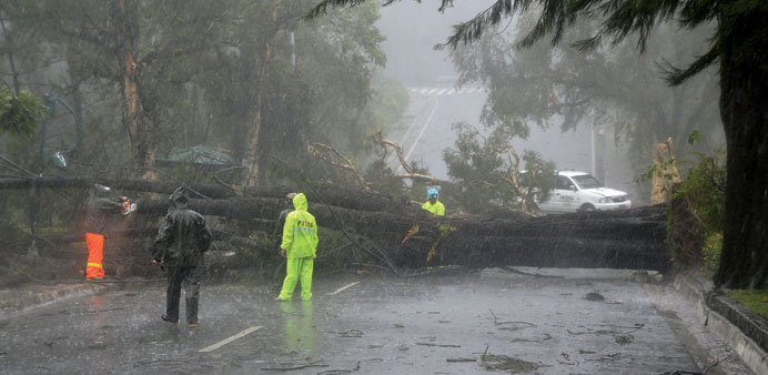 Workers clear the road of fallen trees after strong winds brought by Typhoon Koppu battered Baguio city, north of Manila yesterday.