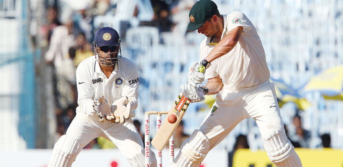 Australiau2019s Moises Henriques plays a shot on day four of the first Test against India at Chennaiu2019s MA Chidambaram Stadium yesterday.