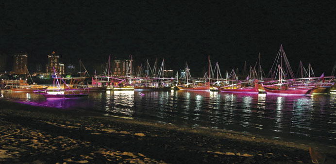  Dhows which have arrived for the festival serve as Katarau2019s attractions at night.