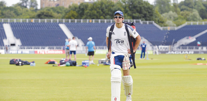 England captain Alastair Cook walks across the pitch after a training session at the Riverside cricket ground in Chester-le-Street yesterday.   
