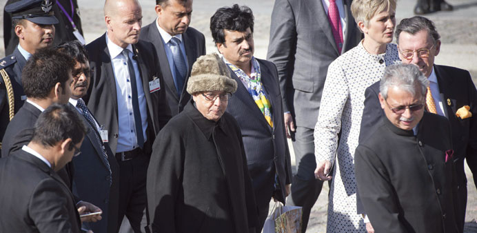 Pranab Mukherjee arrives for a boat trip to Hammarby Sjoestad and roundtable discussion about u201cSmart Citiesu201d in Stockholm yesterday.