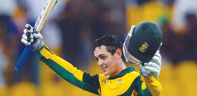 South African opener Quinton de Kock celebrates after reaching his century against Pakistan in Abu Dhabi yesterday.
