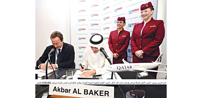    Bregier (left) and al-Baker signing the agreement for five new Airbus A330-200 freighter aircraft at the Dubai Airshow yesterday.