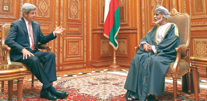  Kerry speaks with Sultan Qaboos during a meeting at Bait al-Baraka in Muscat yesterday.