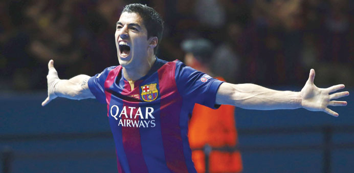 Luis Suarez celebrating scoring the second goal for Barcelona in yesterdayu2019s match.