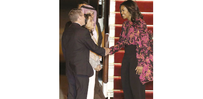 US first lady  Michelle Obama being welcomed on arrival in Doha.