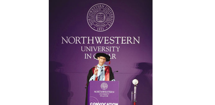 Lyons delivers the convocation address to NU-Q students.