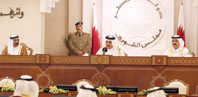 HH the Emir Sheikh Tamim bin Hamad al-Thani addressing the 42nd ordinary session of the Advisory Council in Doha yesterday.