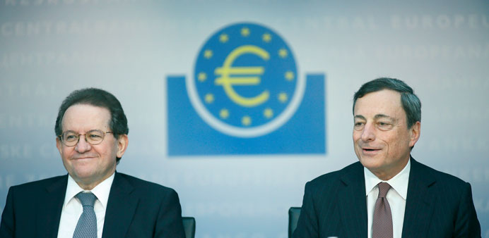 Draghi (right) and Constancio hold the monthly ECB news conference in Frankfurt, yesterday. The ECB held its main interest rate at 0.5% yesterday.