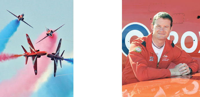 The Red Arrows demonstrate their trademark trails of coloured smoke. Jim Turner: Squadron Leader