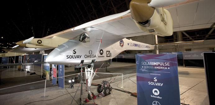 * The Solar Impulse airplane on display during a press conference at Moffett Air Field in Mountain View, California.