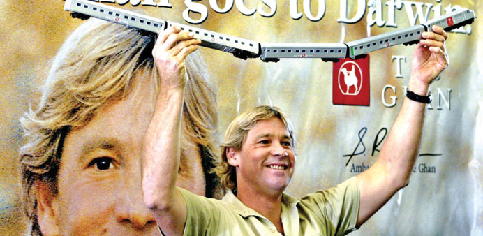 A file photo from June 19, 2003 of Steve Irwin holding a model train at the Sydney launch of a new train service.