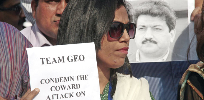 Pakistani journalists rally to protest the attack on Hamid Mir, a senior Pakistani journalist and host of his TV talk show Capital Talk, in Islamabad,