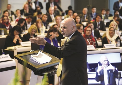 Afghan President Ashraf Ghani addressing a gathering at the EU headquarters in Brussels on October 4 during the EU-Afghanistan conference.