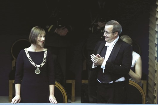 Kaljulaid with Ilves during her inauguration ceremony in Tallinn.